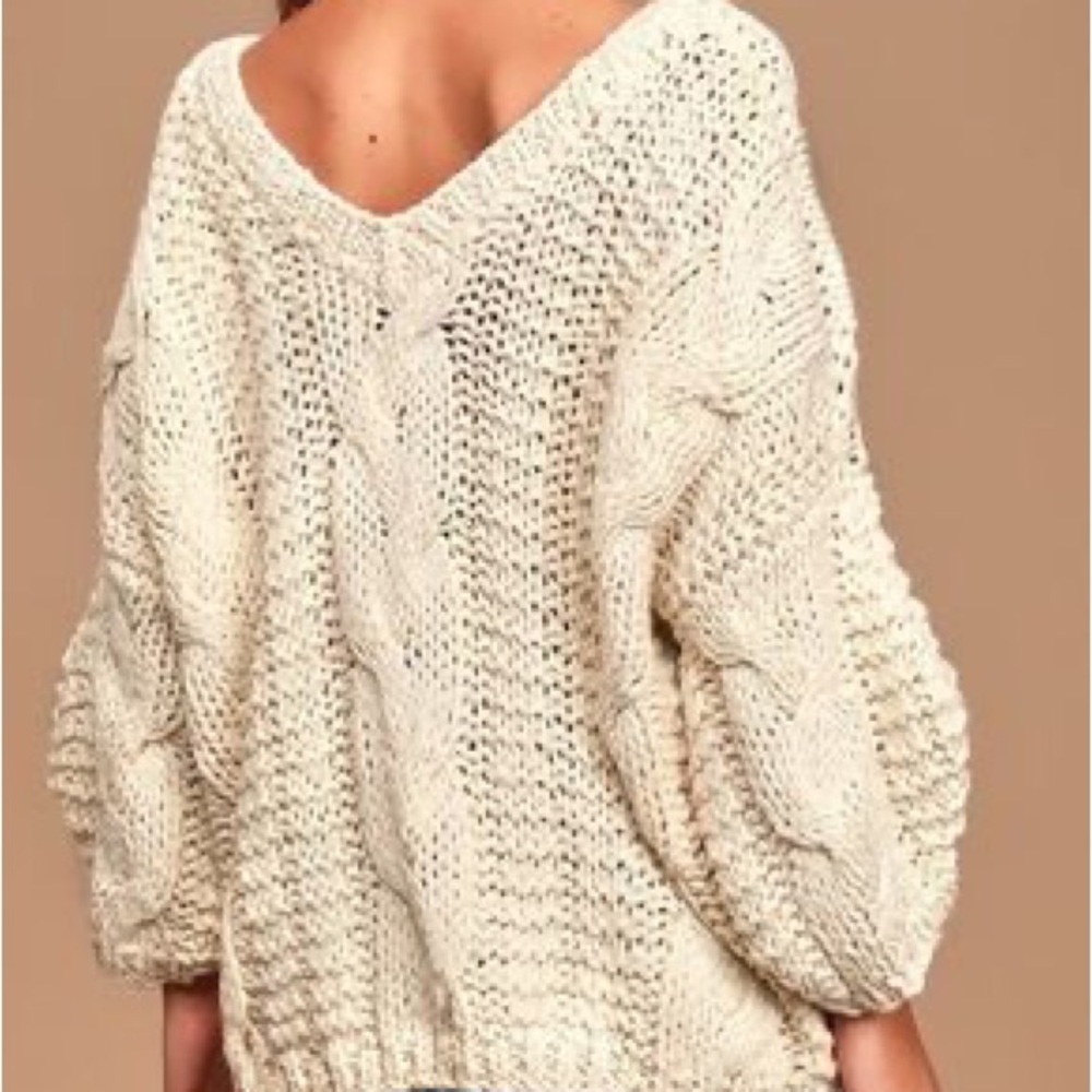 Beige Cable Knit Balloon Sleeve Sweater - Picture 3 of 6